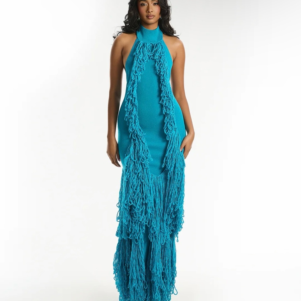 Hanifa Mina Tassel Knit Gown Ocean Blue